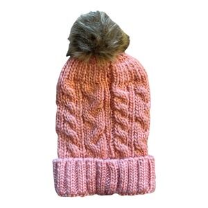 Chunky Knitted Beanie Hat Cap Pink Silver Metallic Thread Pomp Pom NWT